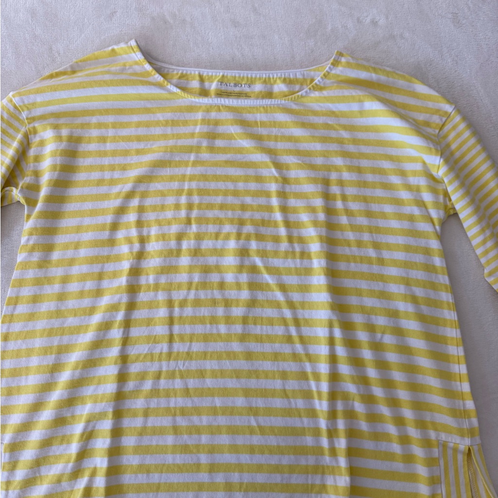 Talbots Large Womens Blouse Yellow White Strip 100% Cotton 3/4 Sleeve Casual E37